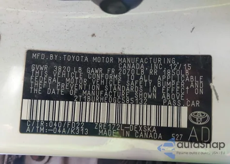 2016 Toyota Corolla S Plus z USA, uszkodzony, nr VIN 2T1BURHE0GC585132